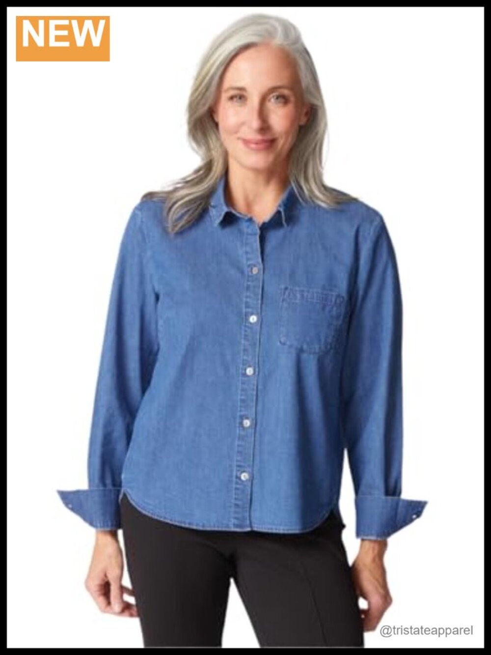 Women's Shaped Hem Button Down Shirt Denim Stretch Cotton